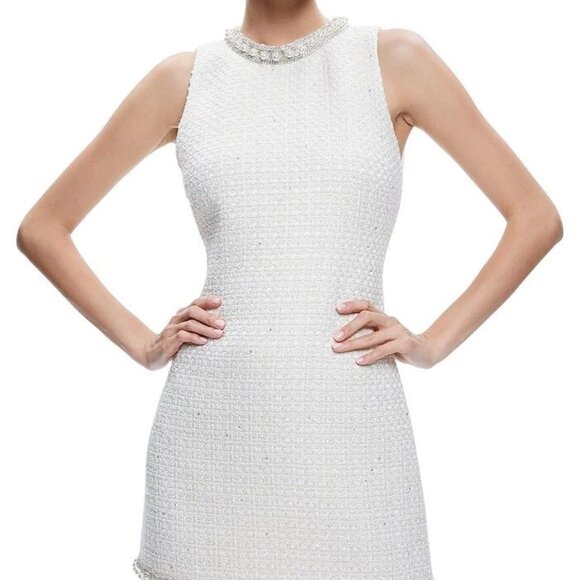 ALICE + OLIVIA COLEY WHITE TWEED BOUCLE RHINESTONE PEARL MINI DRESS $550 SMALL 2 - Picture 3 of 16